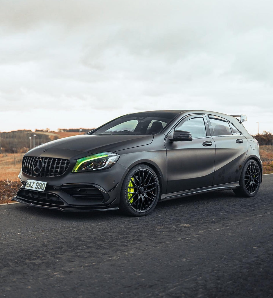 Matte black Mercedes AMG A45 with some 4D gel plates